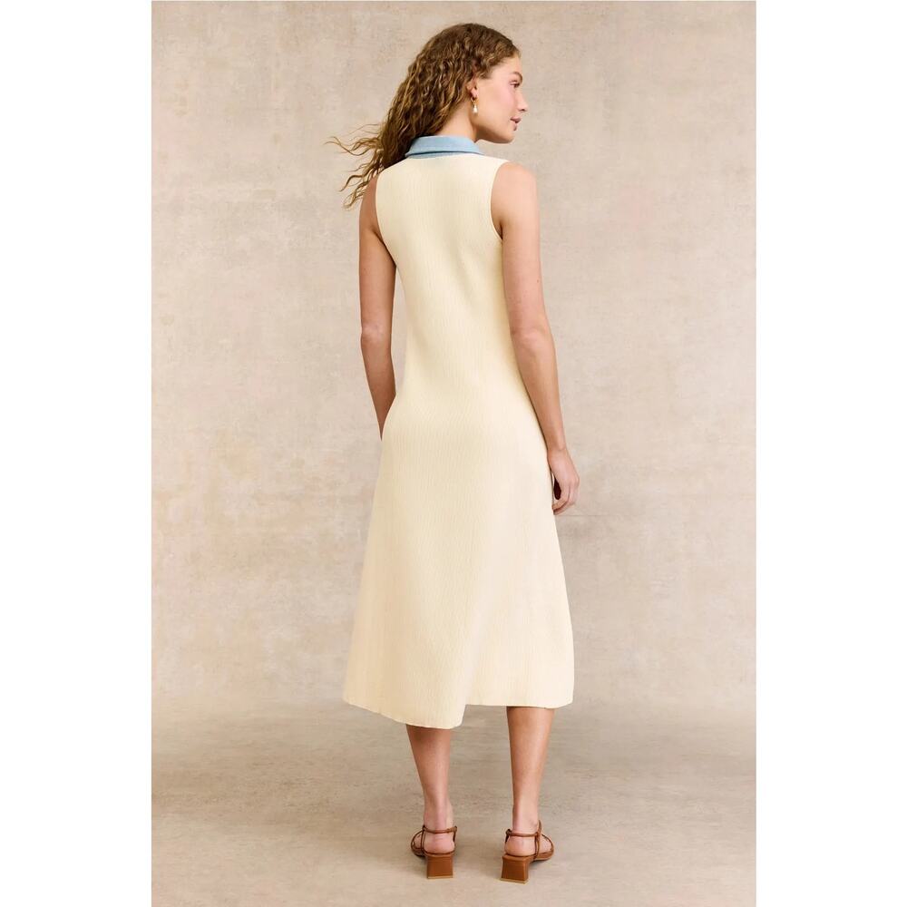 CeCe Sweater Dress Denim Collar Placket Sleeveless Rib Knit Midi Off White L - Picture 2 of 7